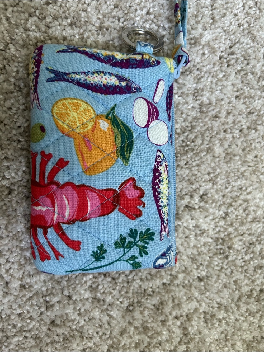 Vera Bradley Light Blue Quilted Wristlet with Multicolor Seafood Motif